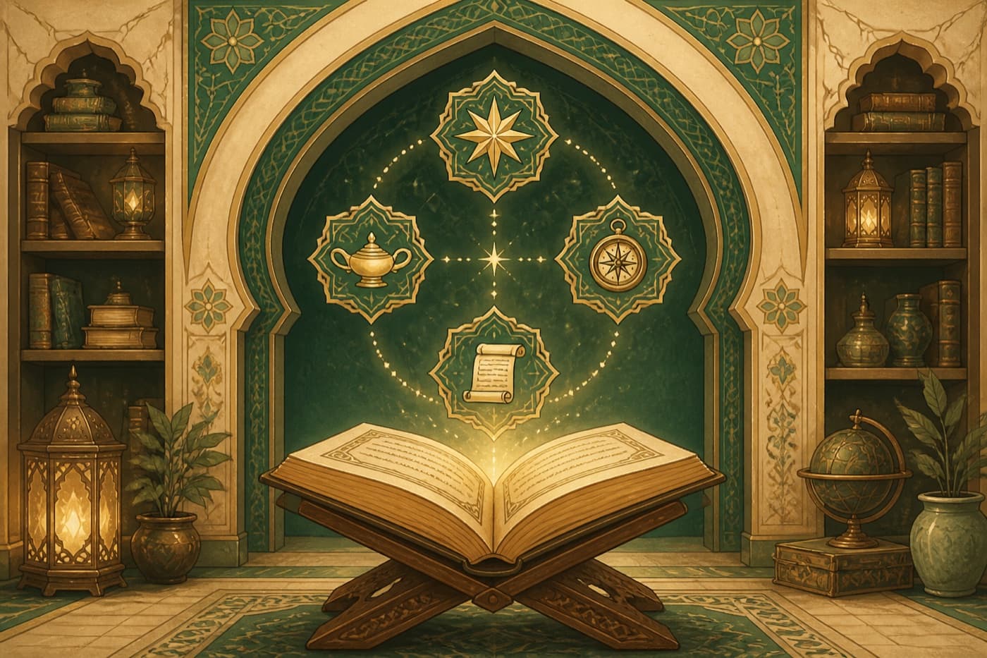 Un livre ouvert entouré de symboles de découverte et de connaissance